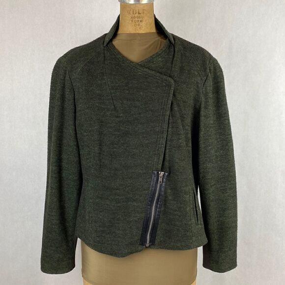 Coldwater Creek Asymmetrical Moto Jacket Size 16 Olive Green Wool Blend - Picture 1 of 16